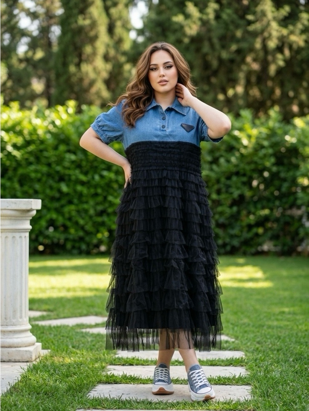 Light Blue Denim Top with Black Ruffled Tulle Skirt